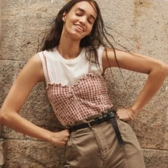 MADEWELL Madewell Parchment Vintage Check Jacquard Smocked Tank Top M - Picture 6 of 6